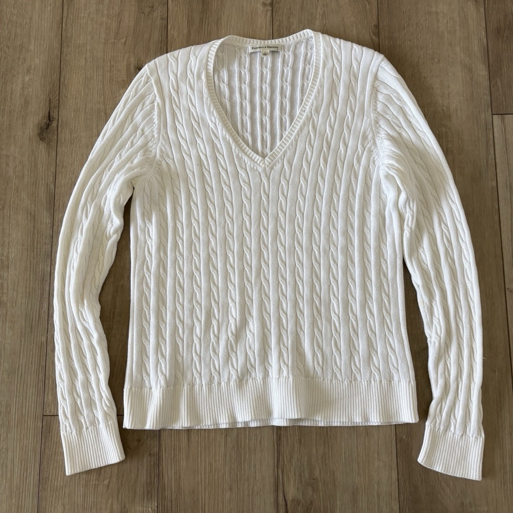 Fairway & Greene Women's Sweater White Cable Knit V-Neck Sweater Large L